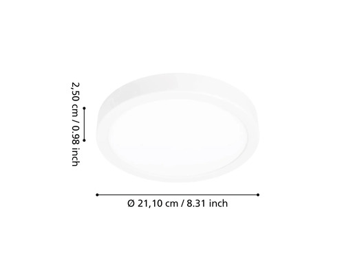 Ronde platte witte plafondlamp met een diameter van 21,10 centimeter en een hoogte van 2,50 centimeter.