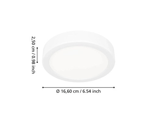 Ronde LED-plafondlamp met een diameter van 16,60 centimeter en een hoogte van 2,50 centimeter.