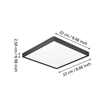 Vierkante LED-plafondlamp met zwart frame, breedte 22 centimeter, lengte 22 centimeter, hoogte 2,50 centimeter.