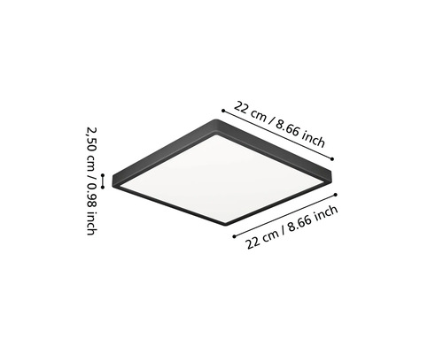 Vierkante LED-plafondlamp met zwart frame, breedte 22 centimeter, lengte 22 centimeter, hoogte 2,50 centimeter.