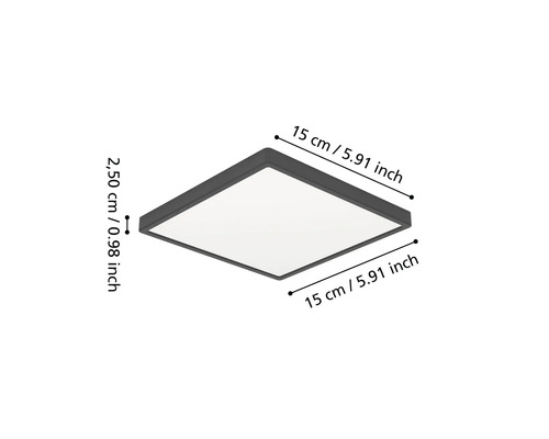 Vierkante LED-paneelverlichting met afmetingen: 15 centimeter lengte, 15 centimeter breedte en 2,50 centimeter hoogte.