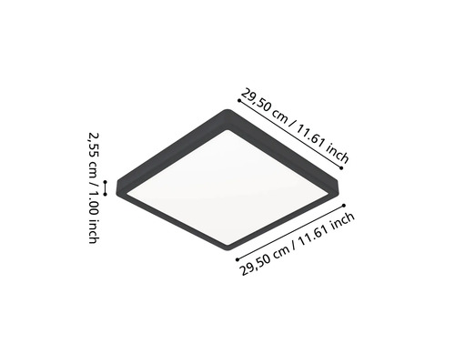 Zwarte vierkante LED plafondlamp met afmetingen van 29,5 centimeter bij 29,5 centimeter en een hoogte van 2,55 centimeter.