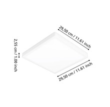 Vierkante led-plafondlamp, afmetingen 29,50 centimeter bij 29,50 centimeter, hoogte 2,55 centimeter.