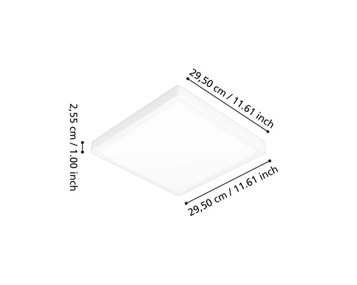 Vierkante led-plafondlamp, afmetingen 29,50 centimeter bij 29,50 centimeter, hoogte 2,55 centimeter.