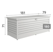 Tuinbox met horizontale lijnstructuur en de afmetingen 181 centimeter lengte, 79 centimeter breedte en 71 centimeter hoogte. Model maat 180.