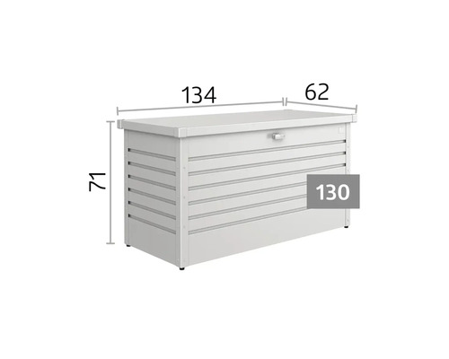 Metalen tuinbox met afmetingen: lengte 134 centimeter, diepte 62 centimeter, hoogte 71 centimeter, model 130.