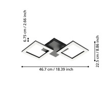 LED-plafondlamp met twee vierkante frames, afmetingen 46,7 centimeter breed, 22,5 centimeter diep en 6,75 centimeter hoog.
