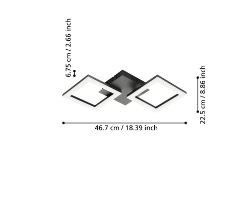 LED-plafondlamp met twee vierkante frames, afmetingen 46,7 centimeter breed, 22,5 centimeter diep en 6,75 centimeter hoog.