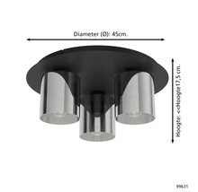 Moderne plafondlamp met drie cilindrische lampenkappen van gespiegeld glas op een ronde basis. Diameter 45 centimeter, hoogte 17,5 centimeter.