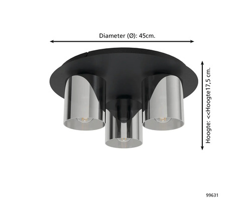 Moderne plafondlamp met drie cilindrische lampenkappen van gespiegeld glas op een ronde basis. Diameter 45 centimeter, hoogte 17,5 centimeter.