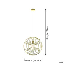 Goudkleurige hanglamp van metaal met een bolvormig draadframe. Hoogte 110 centimeter, diameter 45 centimeter.