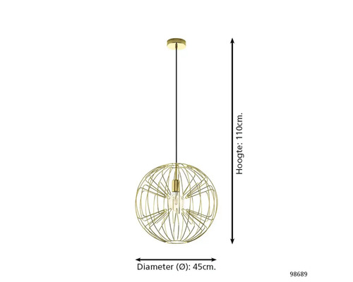 Goudkleurige hanglamp van metaal met een bolvormig draadframe. Hoogte 110 centimeter, diameter 45 centimeter.