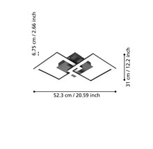 Moderne LED-plafondlamp met twee vierkanten, afmetingen: breedte 52,3 centimeter, diepte 31 centimeter, hoogte 6,75 centimeter.