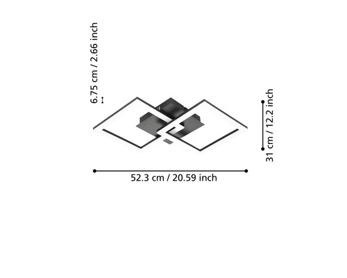 Moderne LED-plafondlamp met twee vierkanten, afmetingen: breedte 52,3 centimeter, diepte 31 centimeter, hoogte 6,75 centimeter.
