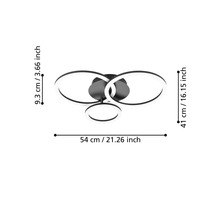 LED plafondlamp met drie ringen, afmetingen: breedte 54 centimeter, diepte 41 centimeter, hoogte 9,3 centimeter.