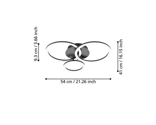 LED plafondlamp met drie ringen, afmetingen: breedte 54 centimeter, diepte 41 centimeter, hoogte 9,3 centimeter.