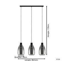 Drielichtshanglamp met glazen kappen, hoogte 170 centimeter, lengte 89,5 centimeter, breedte van een kap 20 centimeter.