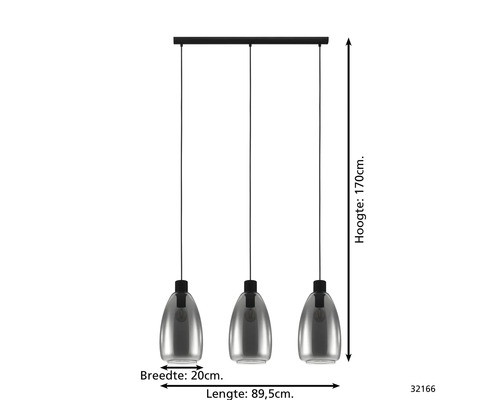 Drielichtshanglamp met glazen kappen, hoogte 170 centimeter, lengte 89,5 centimeter, breedte van een kap 20 centimeter.