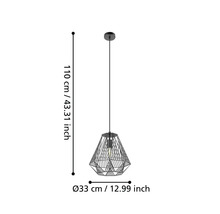Zwarte hanglamp met geometrische metalen draadkap, hoogte 110 centimeter en diameter 33 centimeter.