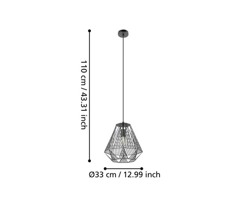 Zwarte hanglamp met geometrische metalen draadkap, hoogte 110 centimeter en diameter 33 centimeter.
