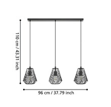 Drielichts hanglamp met kappen van zwart metaaldraad, hoogte 110 centimeter, breedte 96 centimeter.