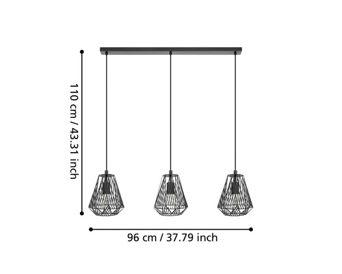 Drielichts hanglamp met kappen van zwart metaaldraad, hoogte 110 centimeter, breedte 96 centimeter.