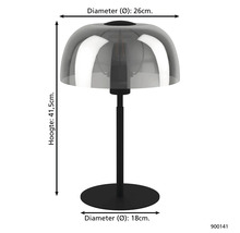 Tafellamp met koepelvormige glazen kap, hoogte 41,5 centimeter, diameter kap 26 centimeter, diameter voet 18 centimeter.