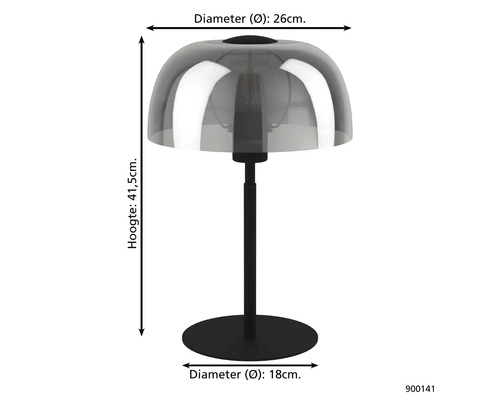 Tafellamp met koepelvormige glazen kap, hoogte 41,5 centimeter, diameter kap 26 centimeter, diameter voet 18 centimeter.