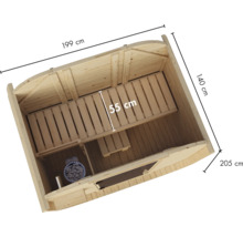 Houten sauna met saunabank en kachel, bovenaanzicht met afmetingen, 199 bij 140 bij 205 centimeter