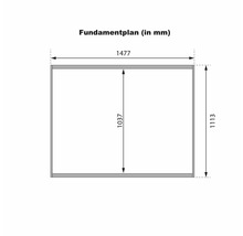 Fundamentplan met afmetingen in millimeters voor een tuinhuis of gereedschapshuis.