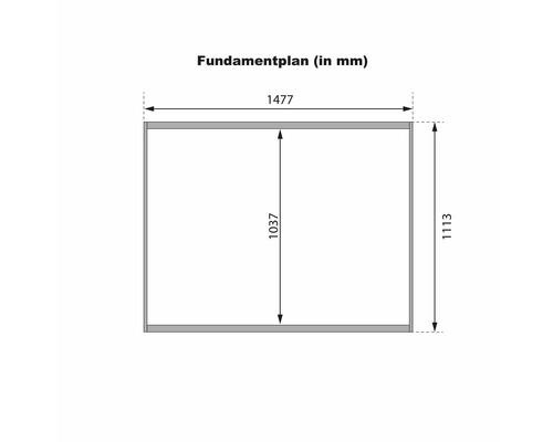 Fundamentplan met afmetingen in millimeters voor een tuinhuis of gereedschapshuis.