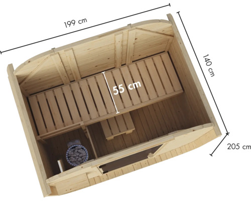 Houten sauna met saunabank en kachel, bovenaanzicht met afmetingen, 199 bij 140 bij 205 centimeter