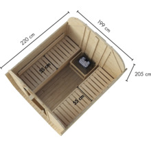 Bovenaanzicht van een houten tonsauna met saunabanken, saunakachel en afmetingen in centimeters.