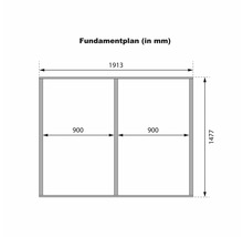 Technisch funderingsplan voor een tuinhuis met afmetingen in millimeters.