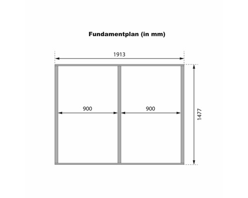 Technisch funderingsplan voor een tuinhuis met afmetingen in millimeters.