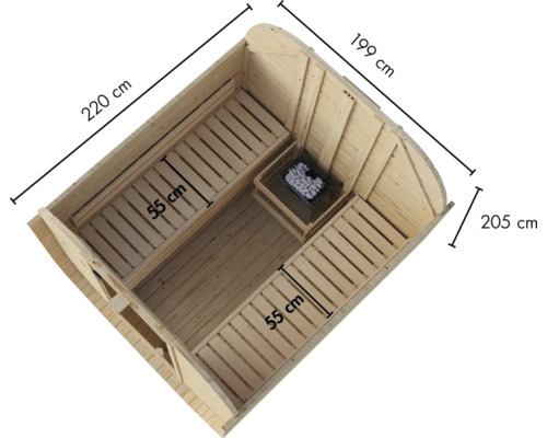 Bovenaanzicht van een houten tonsauna met saunabanken, saunakachel en afmetingen in centimeters.