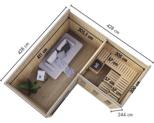 Bovenaanzicht van een houten sauna met geïntegreerde woonruimte en afmetingen voor planning
