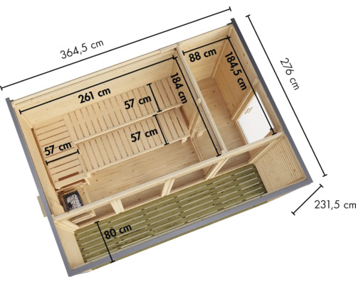 Maattekening van een moderne tuinsauna met voorruimte en terras van hout in bovenaanzicht met alle belangrijke buiten- en binnenmaten.