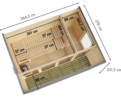 Bovenaanzicht van een houten tuinsauna met afmetingen en terras.