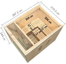 Houten sauna met voorruimte en banken, bovenaanzicht met ingetekende afmetingen in centimeters.
