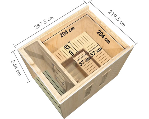 Houten sauna met voorruimte en banken, bovenaanzicht met ingetekende afmetingen in centimeters.