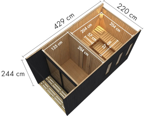 Tuinsauna met voorruimte en saunagedeelte van hout met afmetingen in centimeters