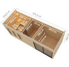 Bovenaanzicht van een tuinsaunahuis met indeling en afmetingen in centimeters voor de planning van de houten sauna in de tuin.