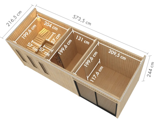 Bovenaanzicht van een tuinsaunahuis met indeling en afmetingen in centimeters voor de planning van de houten sauna in de tuin.