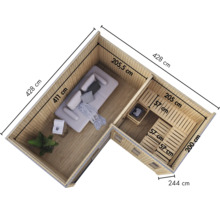 Bovenaanzicht van een houten sauna met geïntegreerde woonruimte en afmetingen voor planning