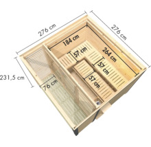Houten sauna met afmetingen in een bovenaanzicht ter illustratie van de binnenafmetingen en bankconfiguratie.
