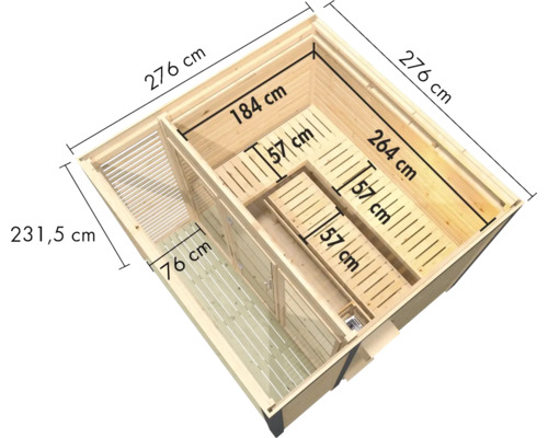 Houten sauna met afmetingen in vogelvluchtperspectief, inclusief banken en geïntegreerde saunaruimte.
