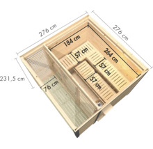 Bovenaanzicht van een houten sauna met afmetingen in centimeters en een geïntegreerde voorkamer met banken.