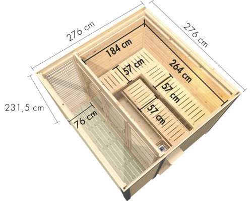 Bovenaanzicht van een houten sauna met afmetingen in centimeters en een geïntegreerde voorkamer met banken.