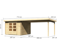 Houten tuinhuis met overkapping en dubbele deur, inclusief afmetingen, totale lengte 714 centimeter, wand van houten planken.